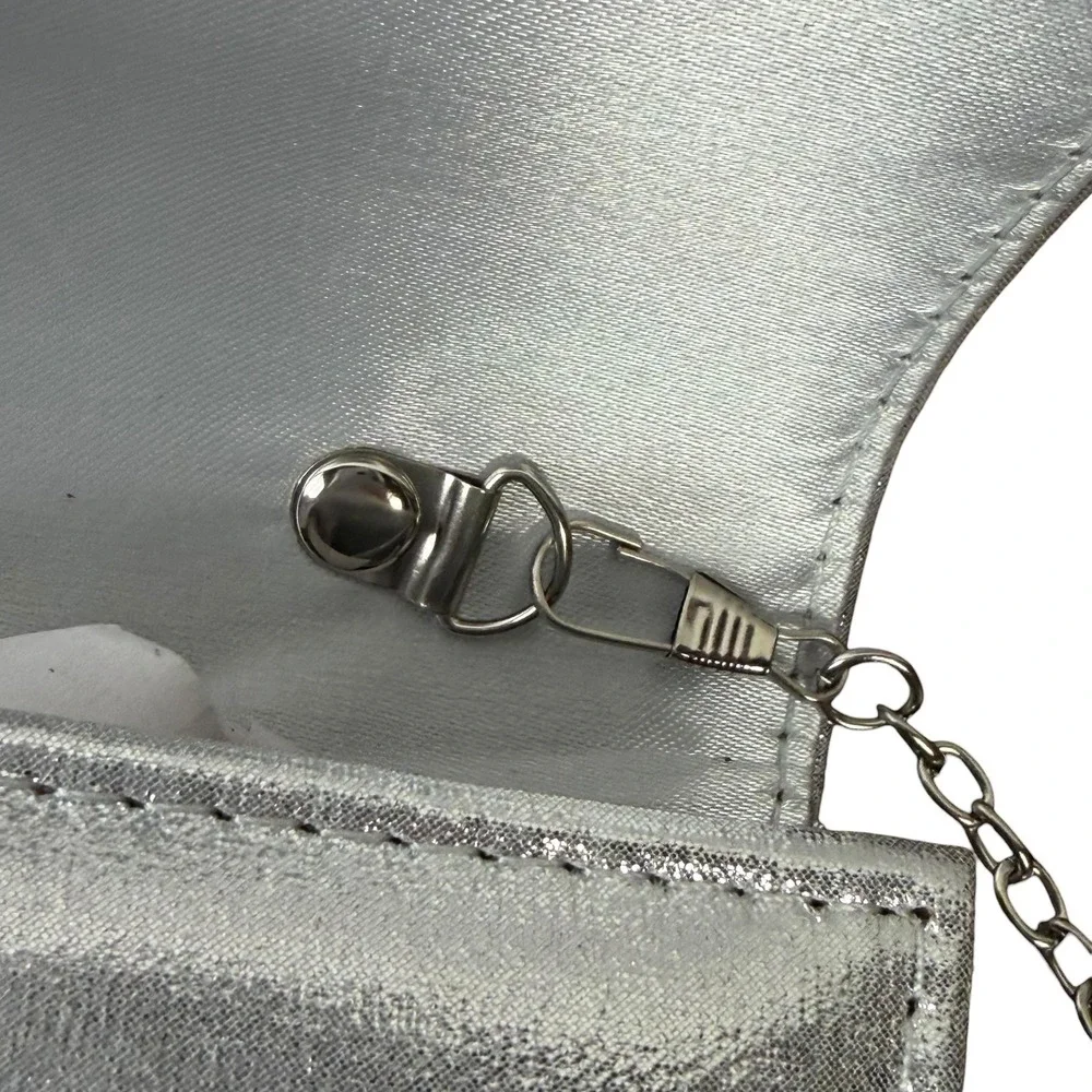 Silver Satin‎ Clutch Purse Womens Small Rhinestone Trim Chain Strap Evening Bag